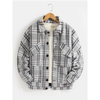 Mens Plaid Button Up Warm Long Sleeve Pocket Woolen Jacket