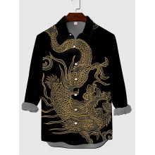 Black Full-Print Golden Dragon Cool Printing Men's Long Sleeve Shirt