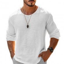 【24-hour shipping out】Men's Casual Cotton Linen Round Neck Loose Long Sleeve T-Shirt MTA1461C1M