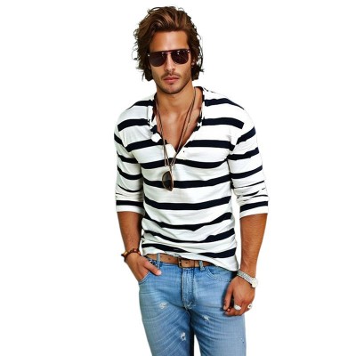 Men's Casual Striped Henley Collar Cotton Blend Long Sleeve T-Shirt 74002086Y