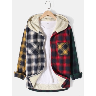 Mens Patchwork Plaid Warm Fleece Lined Long Sleeve Hooded Jacket